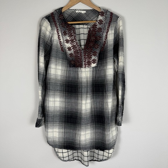 Anthropologie Plaid Embroidered Tunic Top Womens Medium Boho Western Rustic - Picture 2 of 13